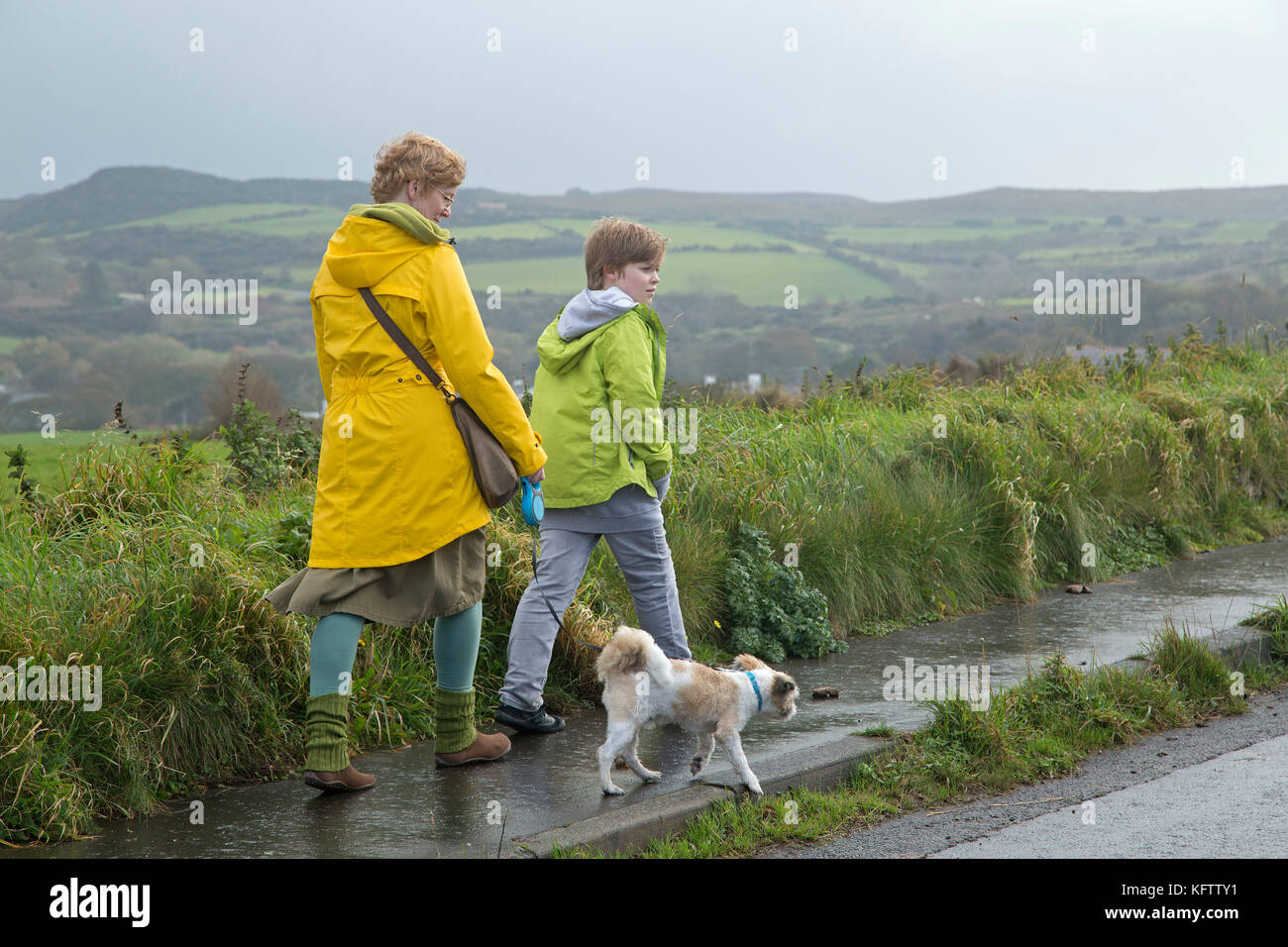 Familie wandern Hund, Ballintoy, Co Antrim, Nordirland Stockfoto