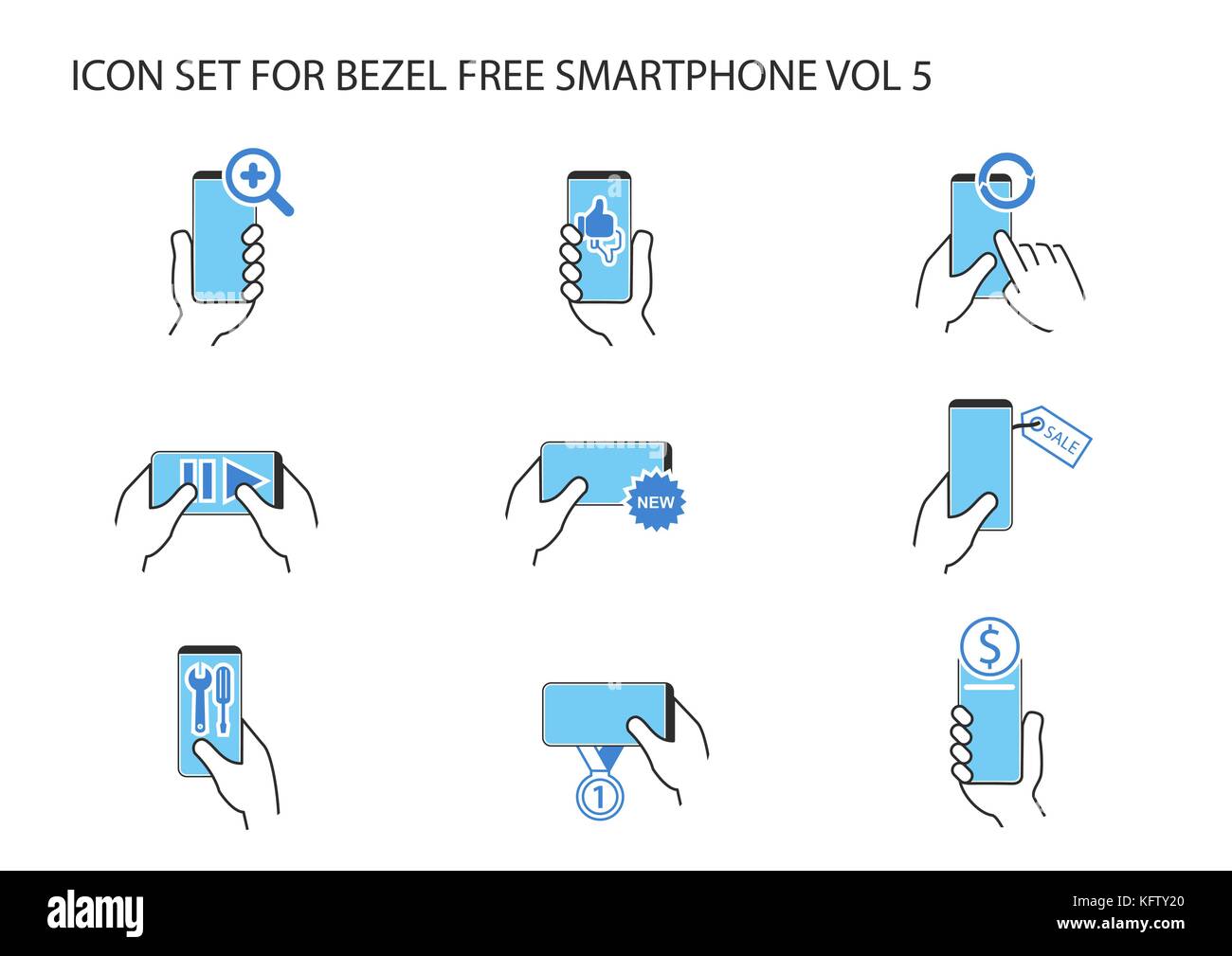 Vektor Icon Set von Hand mit rahmenlosen Smartphone in verschiedenen Positionen mit app Symbole für Wie, Abneigung, Streaming, Online-Banking, neue, synchr Stock Vektor