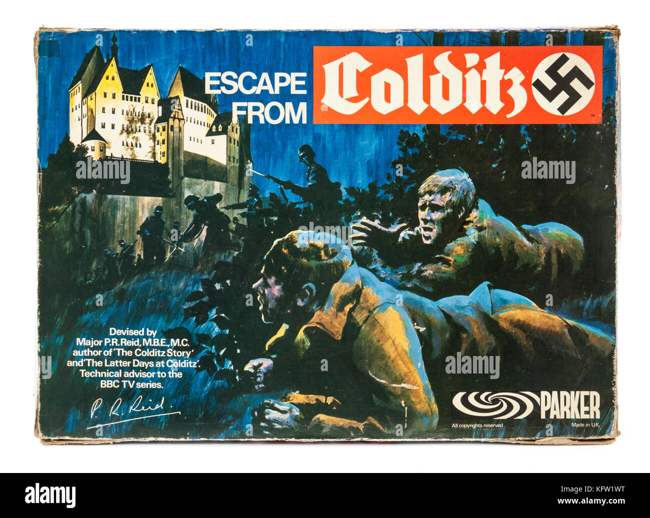 Original 1970er Version des "Escape from Colditz" Brettspiel mit einem Deutschen Hakenkreuz auf der Box. Auf späteren Editionen, das Hakenkreuz war w Ersetzt Stockfoto