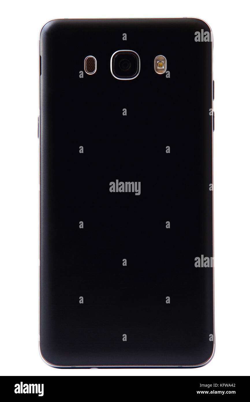 Rückseite mit der Kamera des BlackBerry-Smartphones auf weißem Hintergrund Stockfoto