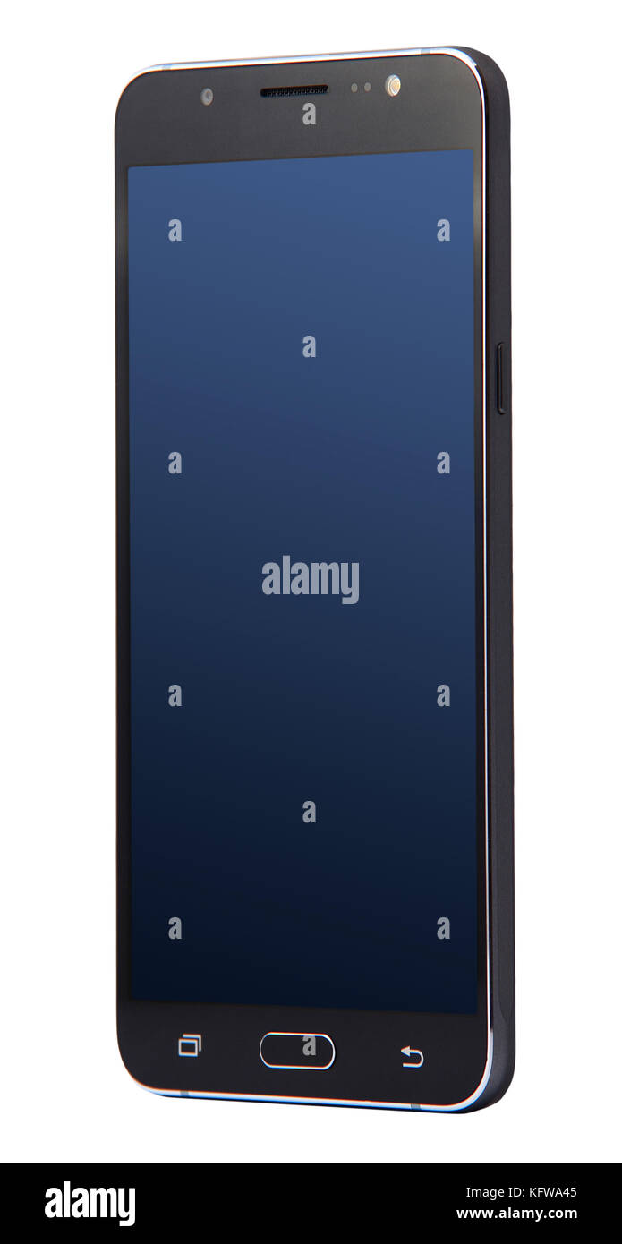 Blick von der Vorderseite des BlackBerry-Smartphones auf weißem Hintergrund Stockfoto