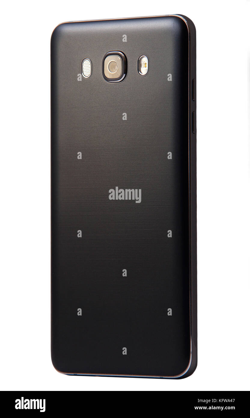 Blick von der Rückseite des BlackBerry-Smartphones auf weißem Hintergrund Stockfoto