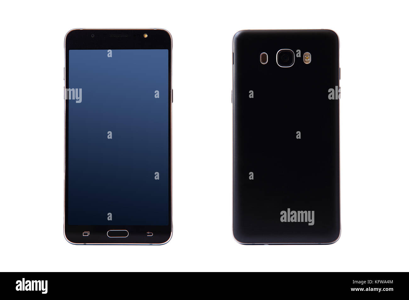 Vorder- und Rückseite des modernen Smartphone schwarz auf weißem Hintergrund. Stockfoto