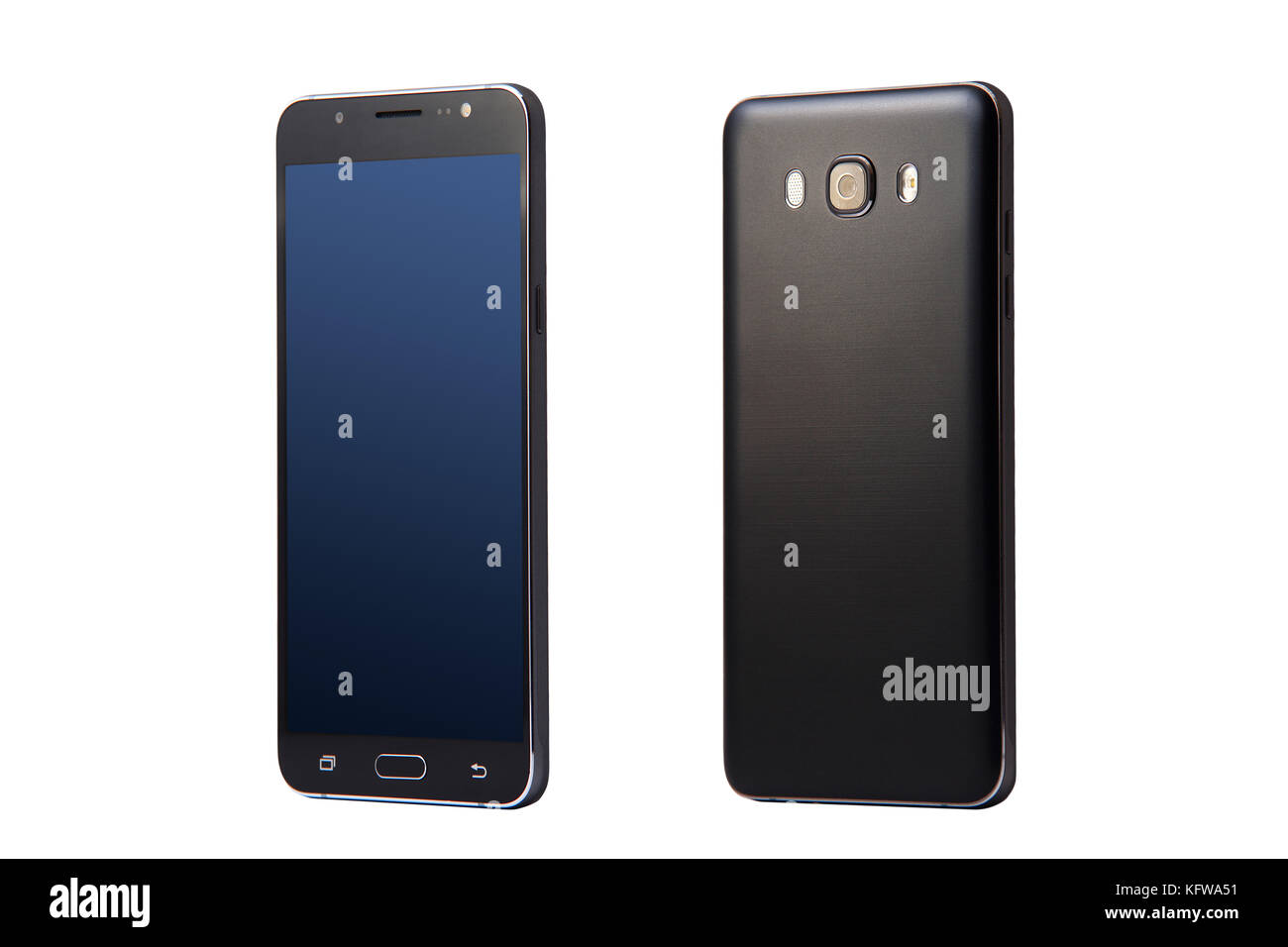 Perspektivische Ansicht des modernen Smartphone schwarz auf weißem Hintergrund. Stockfoto