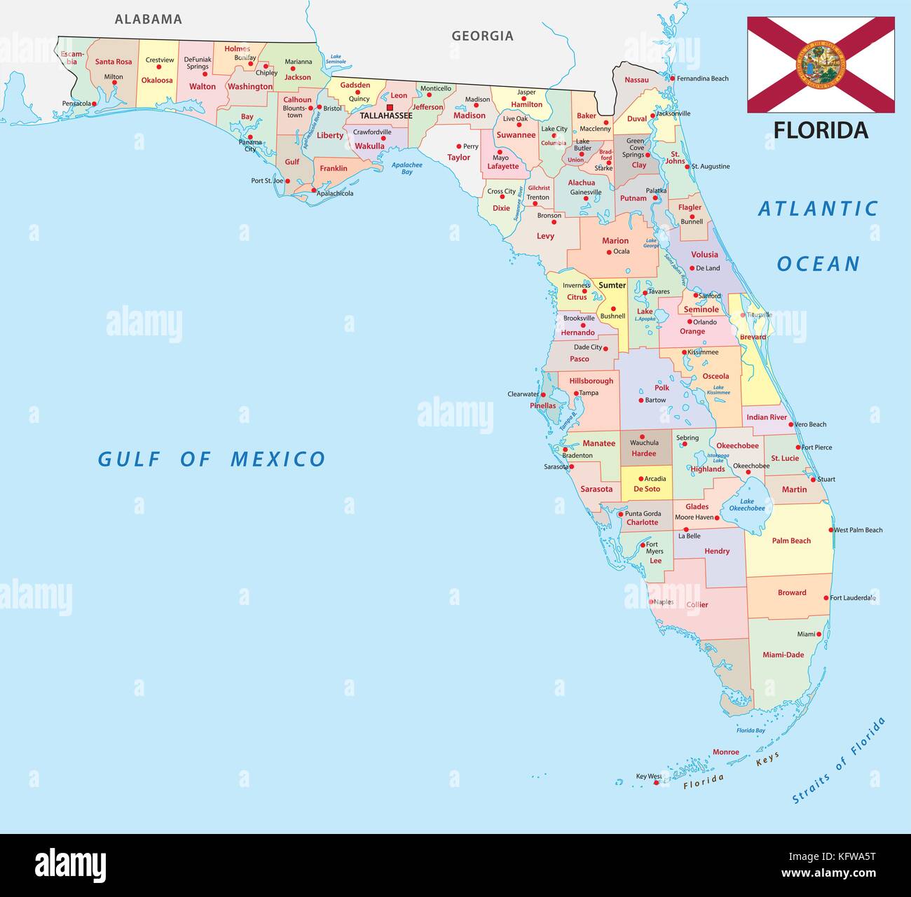 Florida administrative Vektorkarte mit Fahne Stock Vektor