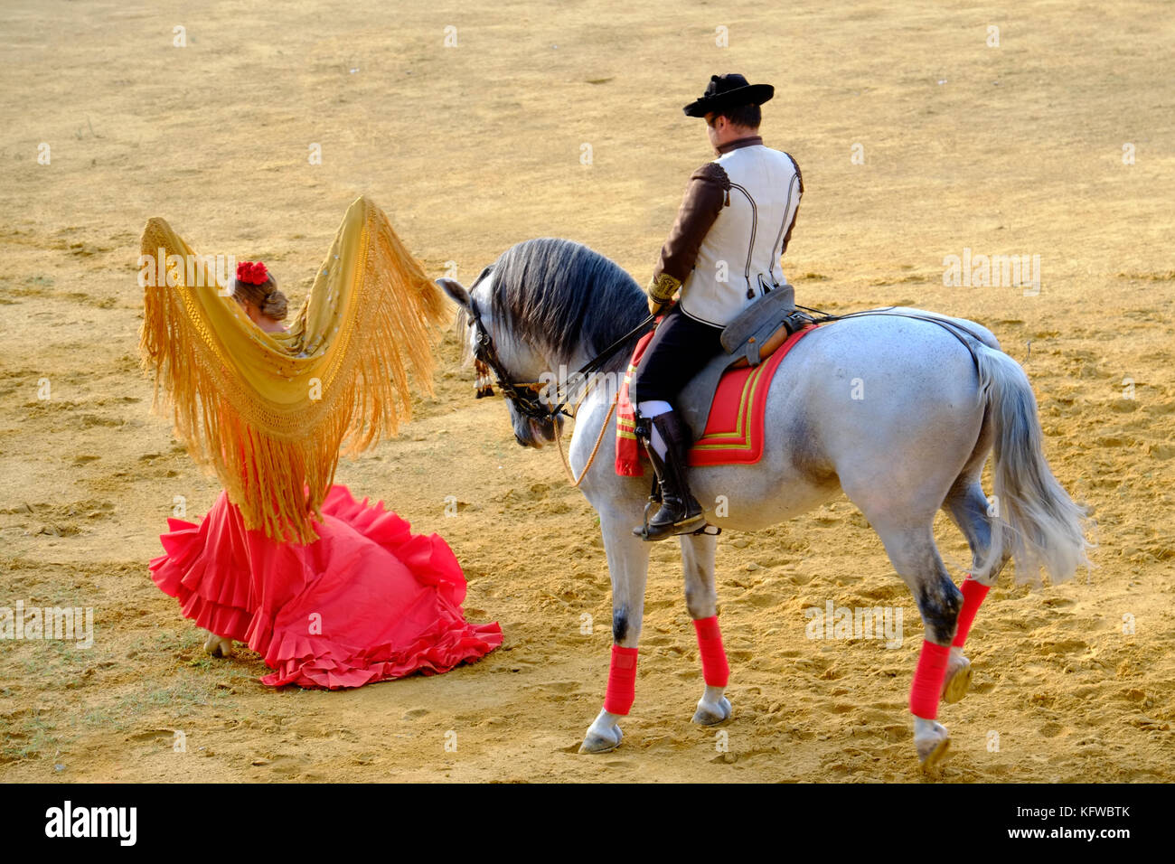 Andalusisches Tanzpferd und Reiter in Performance mit einem Flamenco-Tänzer. Andalusien, Spanien Stockfoto