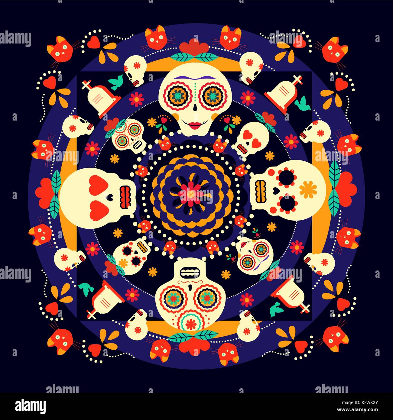 Mexikanischen Tag der Toten feier Kunst, glücklich Zucker Schädel mit traditionellen Blumen Dekoration in modernem Flachbild farbe Stil. Eps 10 Vektor. Stock Vektor