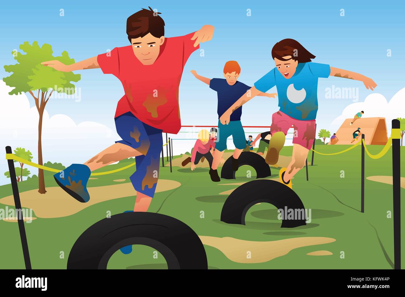 Ein Vektor Illustration der Kinder in einem Hindernis Lauf Wettbewerb konkurrieren Stock Vektor