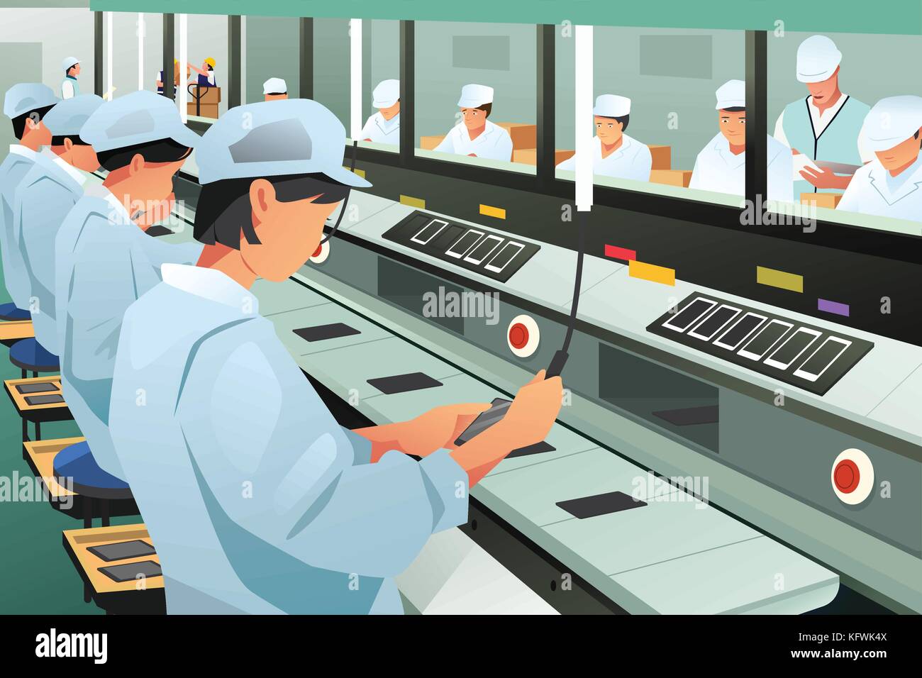 Ein Vektor Illustration der Arbeitnehmer in Telefon Montagewerk arbeiten Stock Vektor