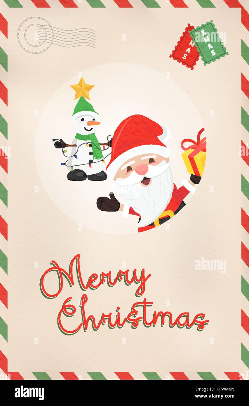 Frohe Weihnachten vintage Grußkarte Abbildung. Retro Stil Postkarte vom Nordpol mit niedlichen Santa Claus und der Schneemann Cartoon. Eps 10 Vektor. Stock Vektor