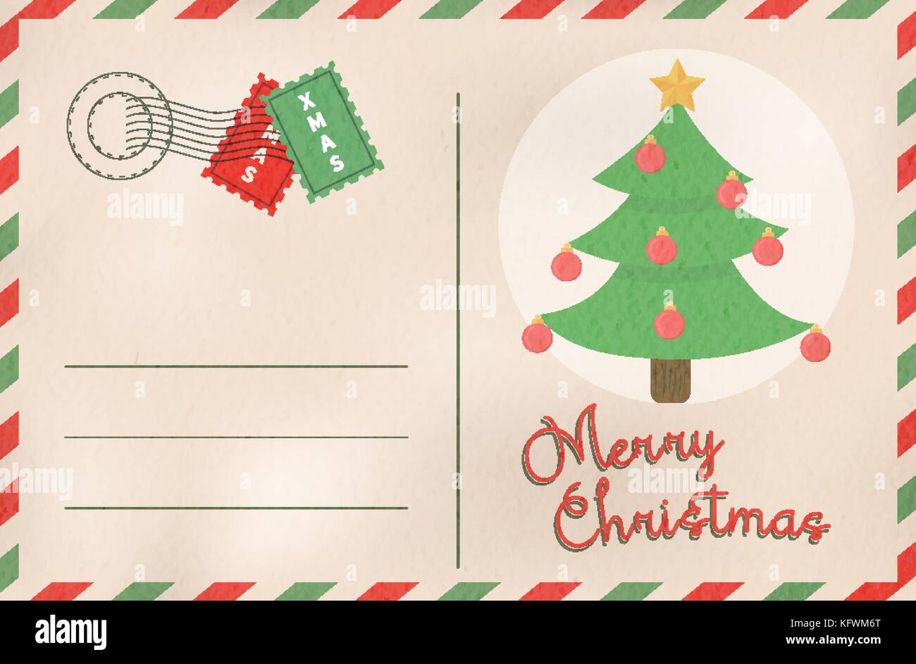 Frohe Weihnachten vintage Grußkarte in traditionellen Postkarte mail Stil. Urlaub Design mit xmas Pine Tree Cartoon und leeren Raum für Feier m Stock Vektor