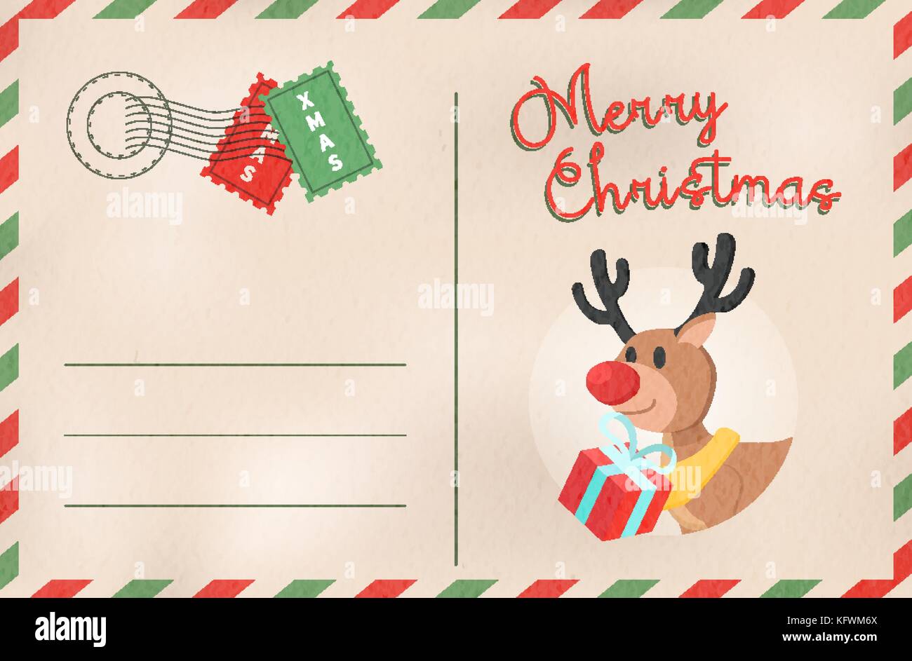 Frohe Weihnachten Postkarte in traditionellen Vintage mail Stil. Urlaub Grußkarte vom Nordpol mit niedlichen Rentiere Cartoon und leeren Raum für c Stock Vektor