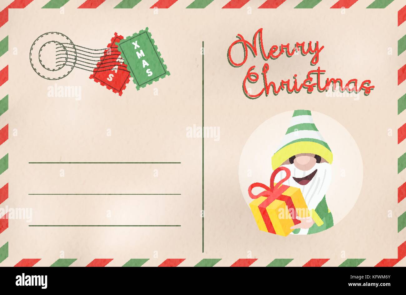 Frohe Weihnachten vintage Grußkarte in traditionellen Postkarte mail Stil. Urlaub Design mit niedlichen Helfer elf Cartoon und leeren Raum zum Feiern. Stock Vektor