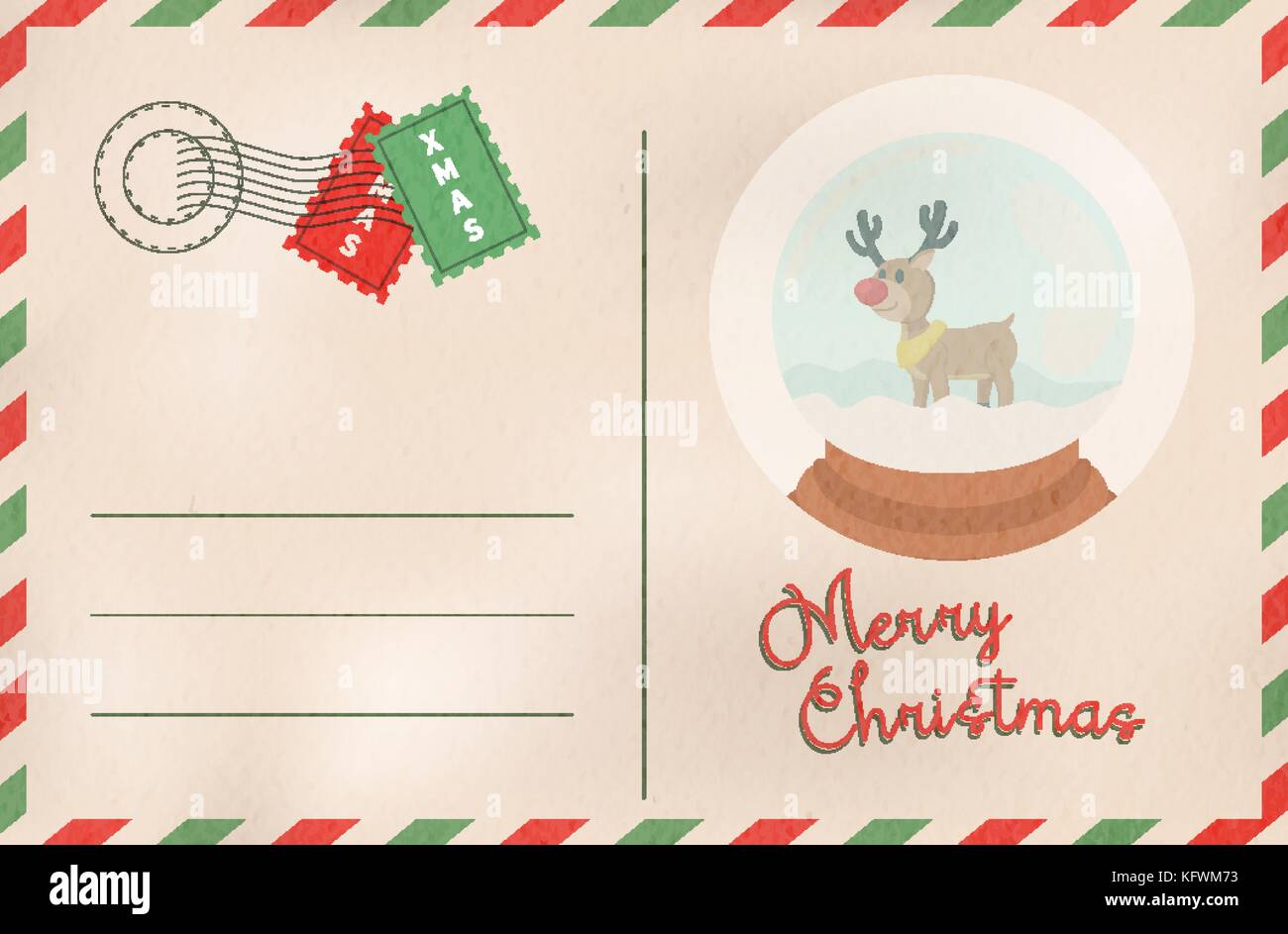 Frohe Weihnachten Postkarte in traditionellen Vintage mail Stil. Urlaub Grußkarte vom Nordpol mit cute deer Schneekugel Cartoon und leeren spac Stock Vektor