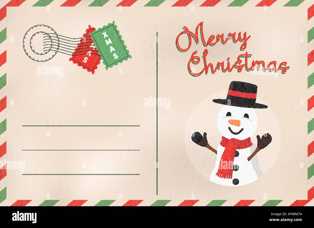 Frohe Weihnachten vintage Grußkarte in traditionellen Postkarte mail Stil. Urlaub Design mit niedlichen Schneemann Cartoon und leeren Raum für Feier mes Stock Vektor