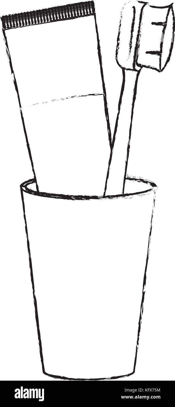 Glas mit Tube Zahnpasta und Zahnbürste in Schwarzweiß unscharfe Silhouette Stock Vektor