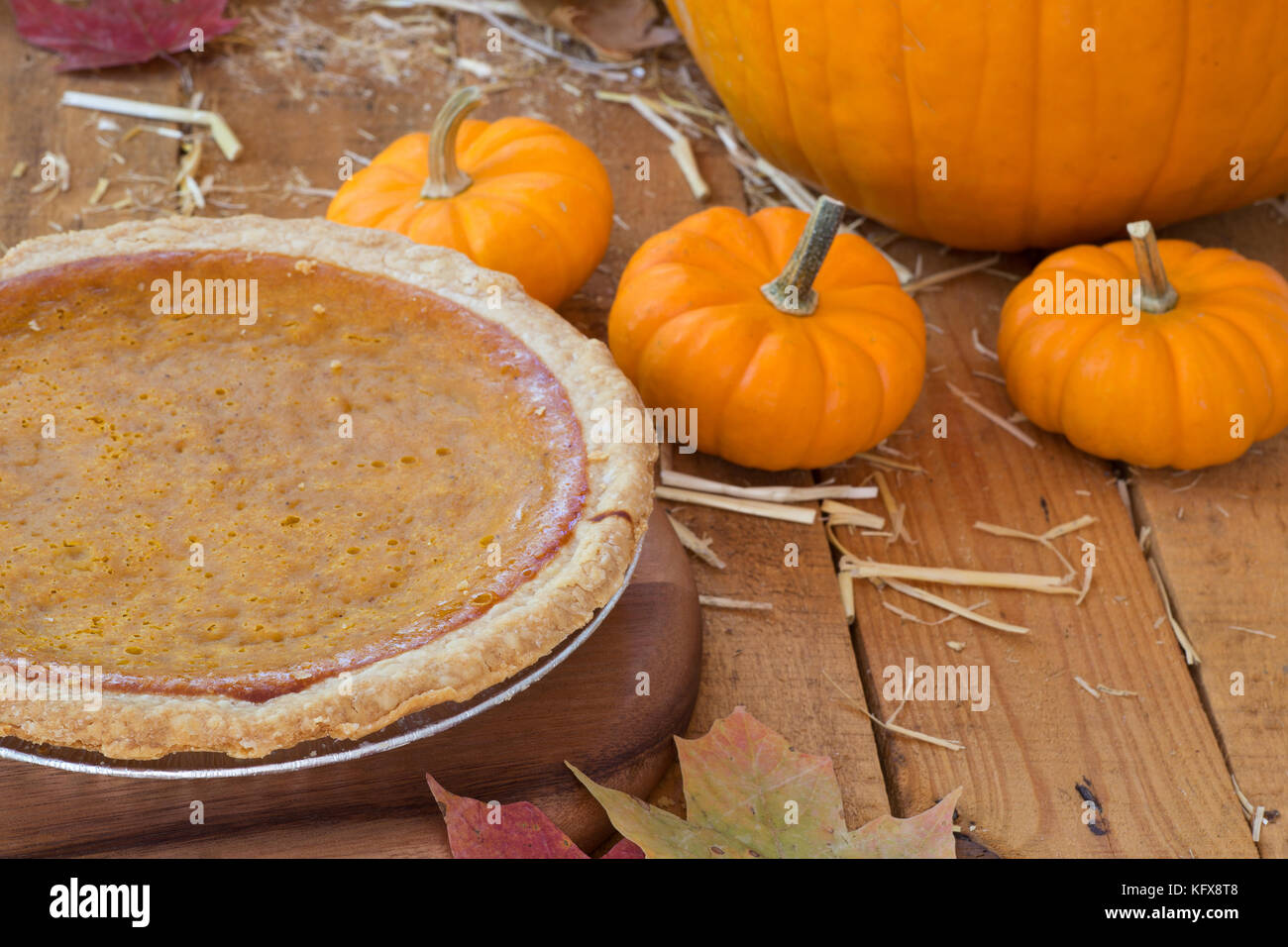 Ganze Pumpkin Pie mit kleinen Kürbisse auf einem hölzernen Oberfläche Stockfoto