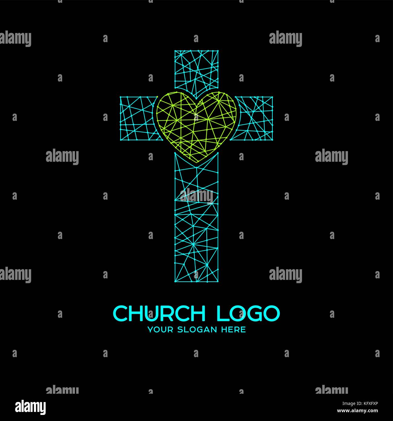 Kirche Logo. christliche Symbole. Kreuz Jesu und Herz, Mosaik Stock Vektor
