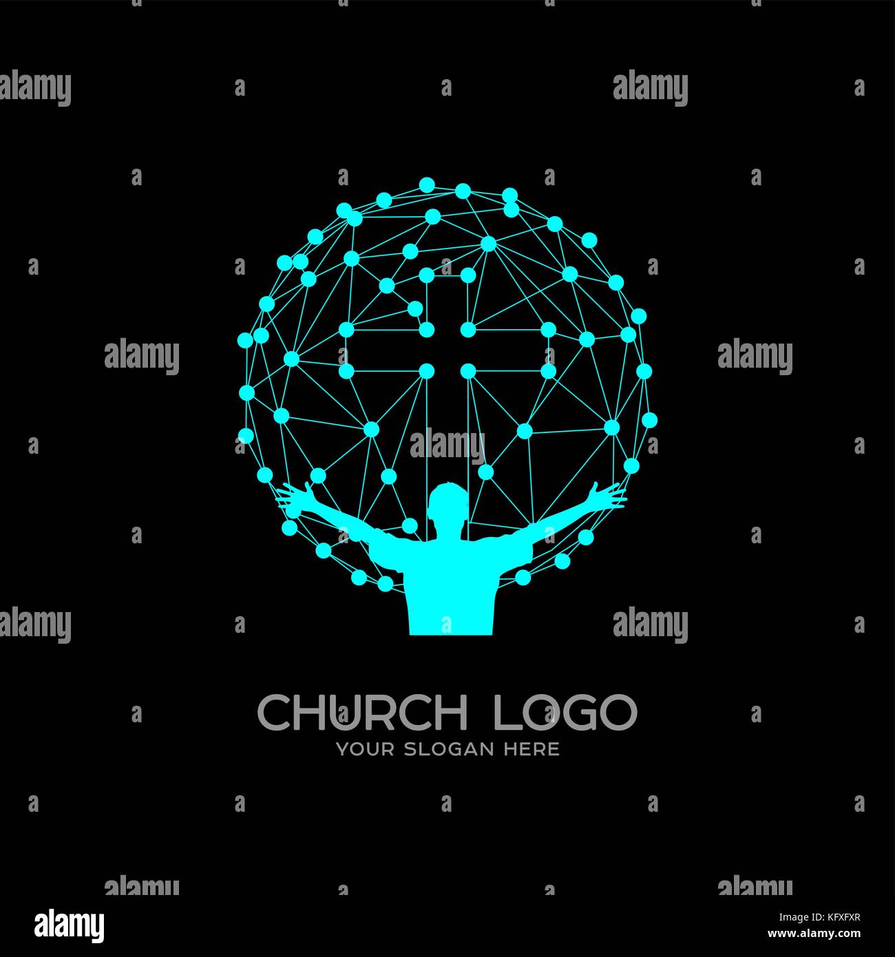 Kirche Logo. christliche Symbole. Mann, die das Universum und das Kreuz Jesu Christi Stock Vektor