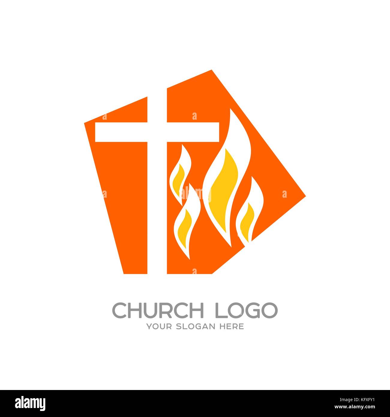 Kirche Logo. christliche Symbole. Das Kreuz Jesu und die Flamme des Heiligen Geistes Stock Vektor
