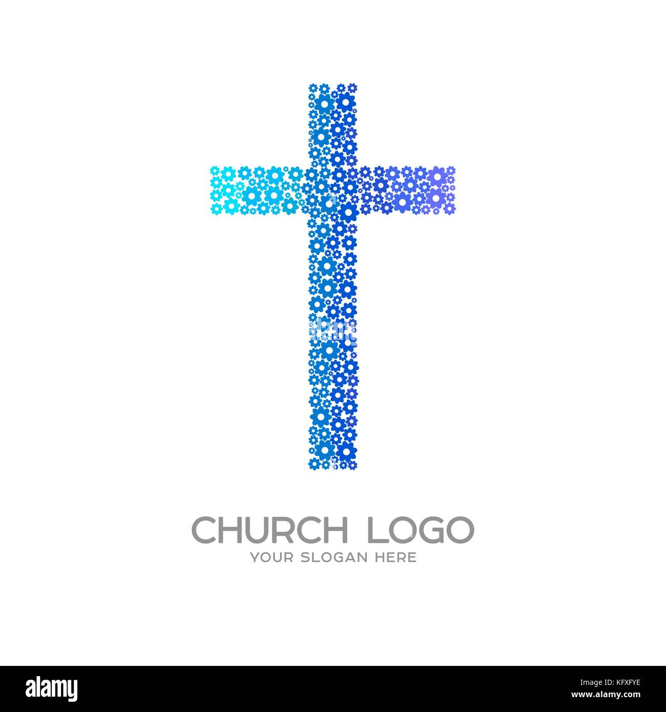 Kirche Logo. christliche Symbole. Kreuz von Jesus Christus aus Blumen Stock Vektor