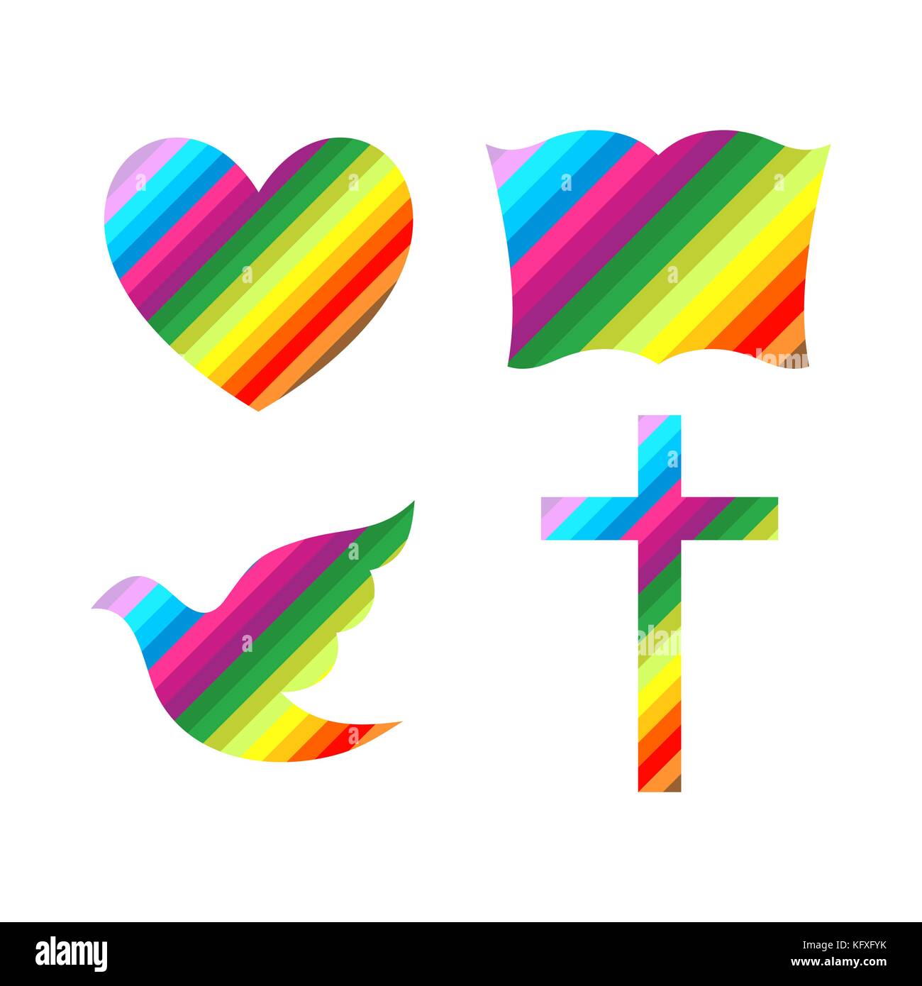 Kirche Logo. christliche Symbole. Kreuz, Bibel, Herz und Taube Stock Vektor