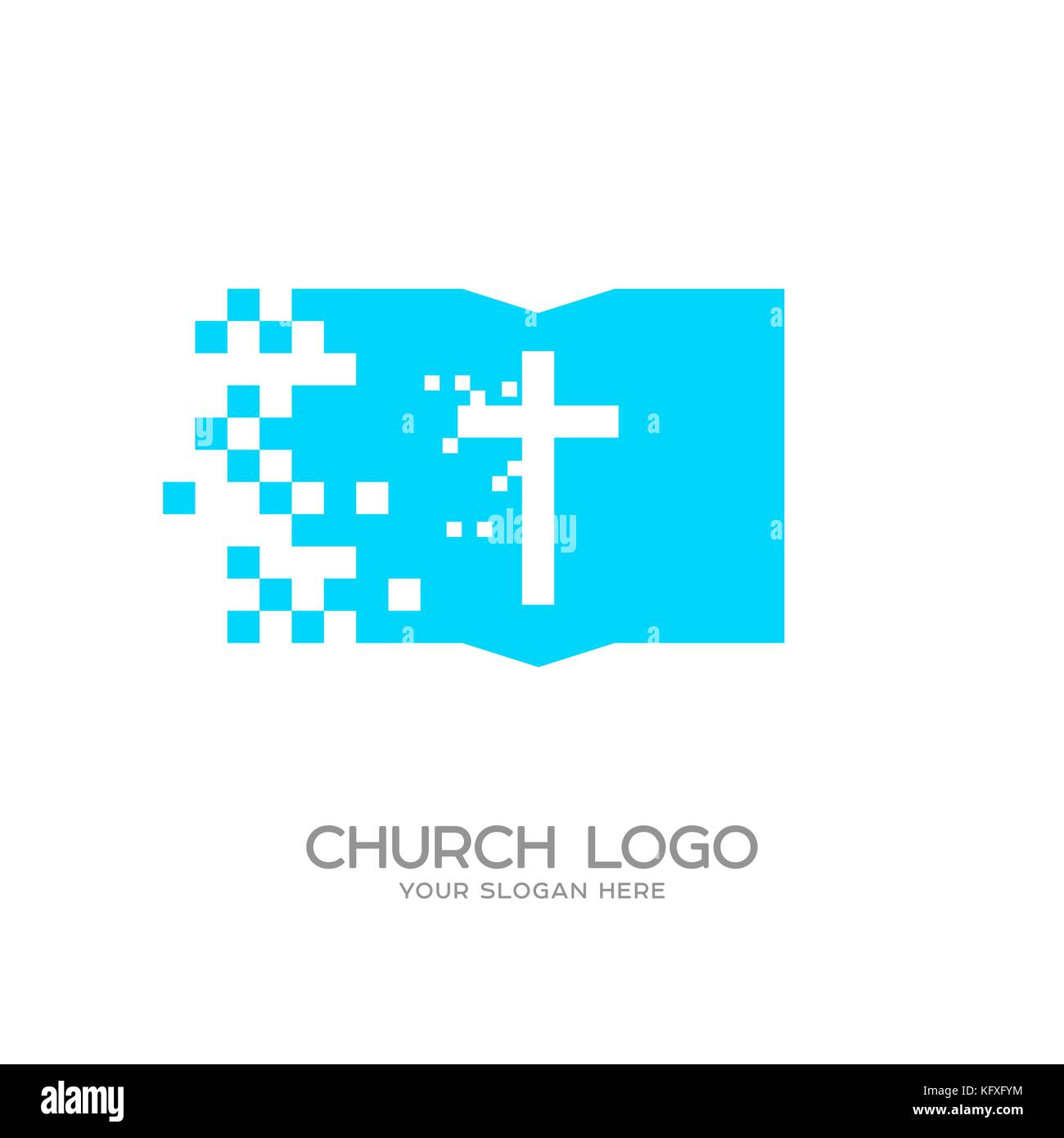 Kirche Logo. christliche Symbole und das Kreuz Jesu Christi und der Heiligen Schrift Stock Vektor