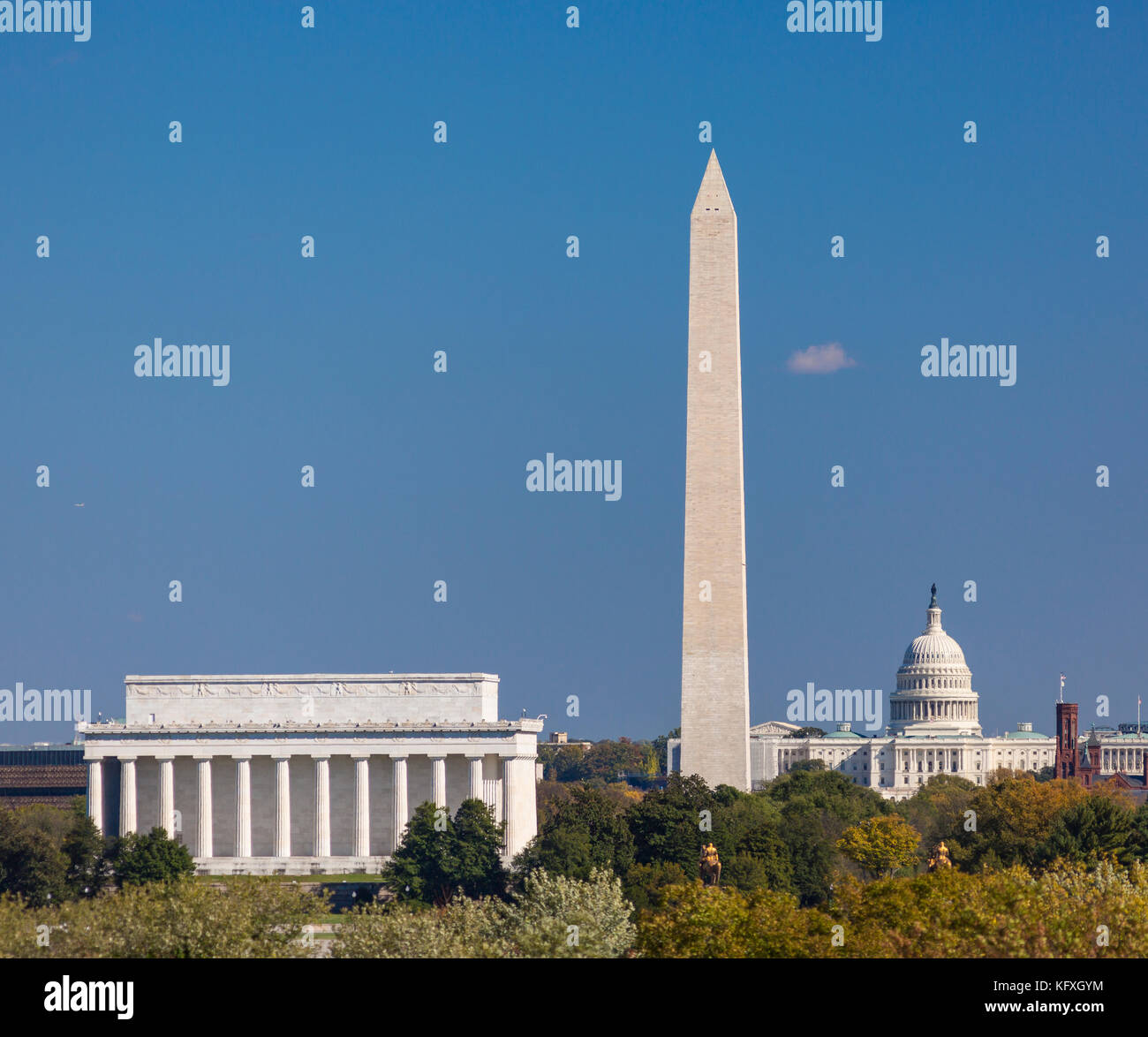 WASHINGTON, DC, USA - Lincoln Memorial, das Washington Monument, US Capitol (L-R). Stockfoto