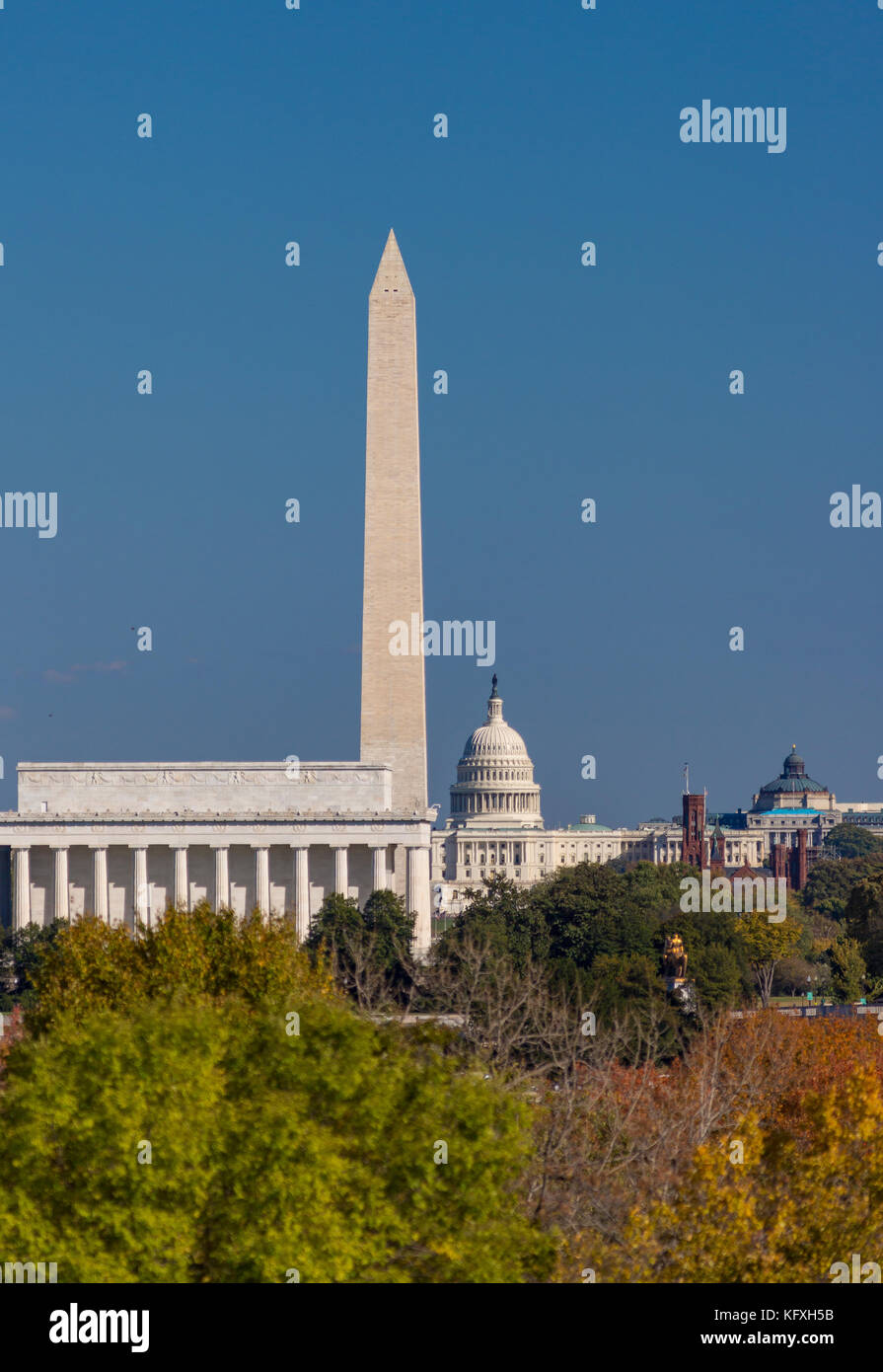 WASHINGTON, DC, USA - Lincoln Memorial, das Washington Monument, US Capitol (L-R). Stockfoto