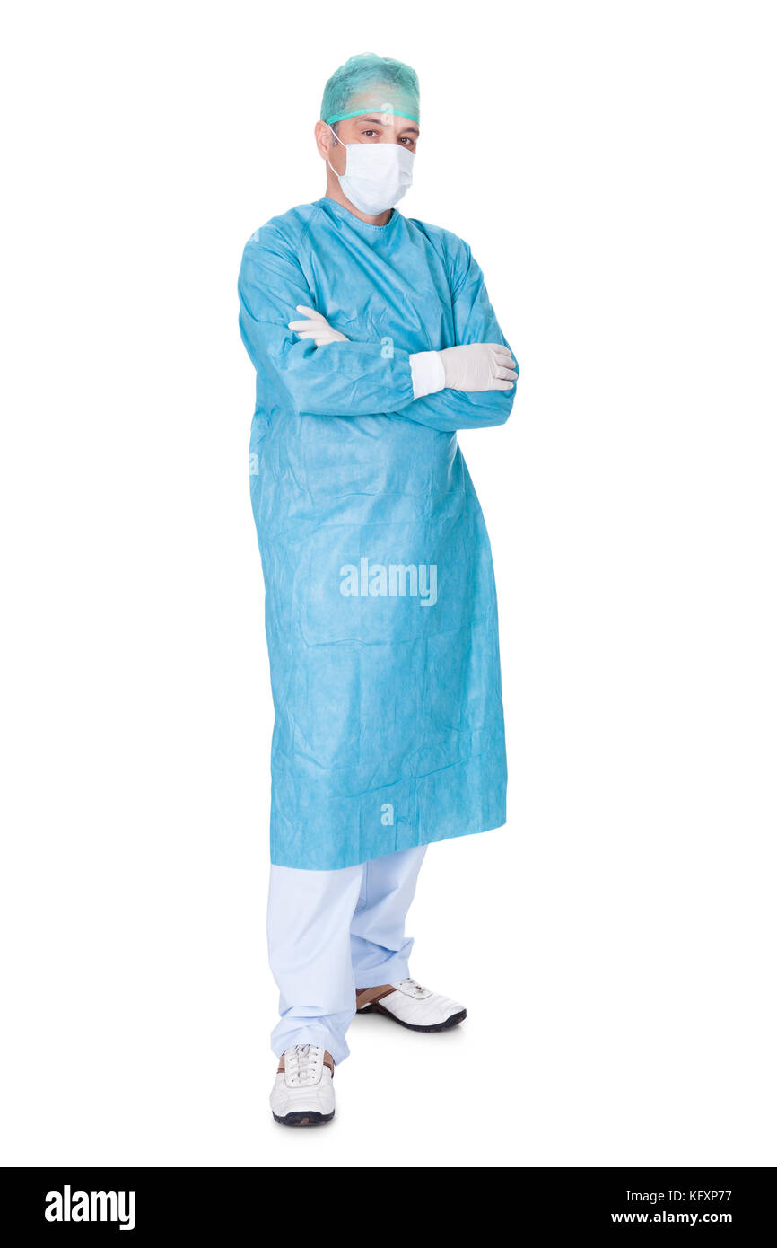 Porträt von zuversichtlich Arzt auf weißem Hintergrund Stockfoto