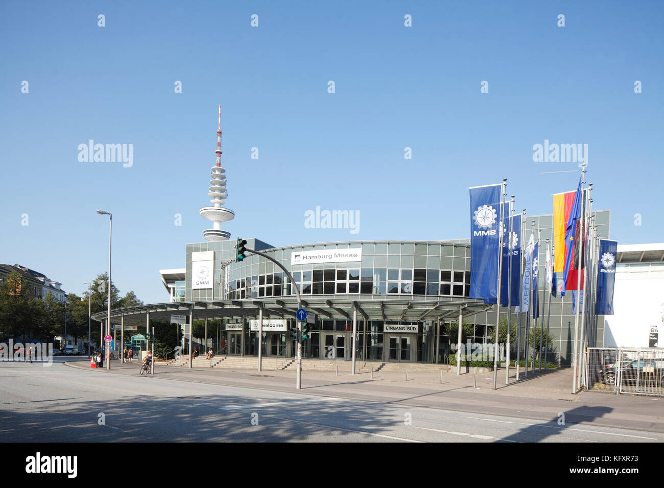 Messehallen, Eingang Süd und Fernsehturm, Hamburg, Deutschland Stockfoto