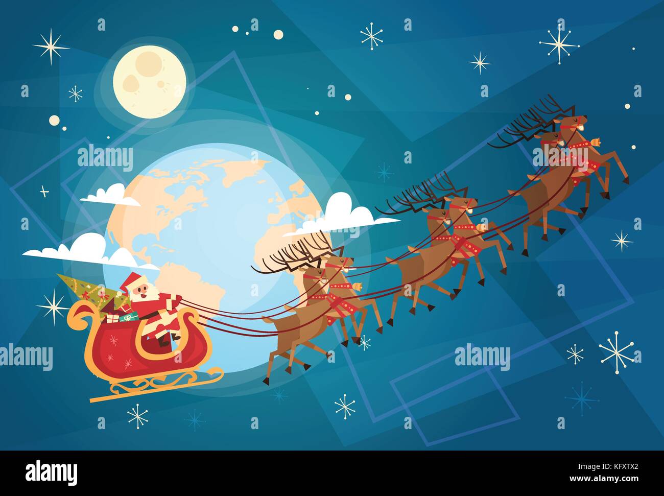 Weihnachtsmann im Schlitten im Himmel mit Rentieren, frohe Weihnachten