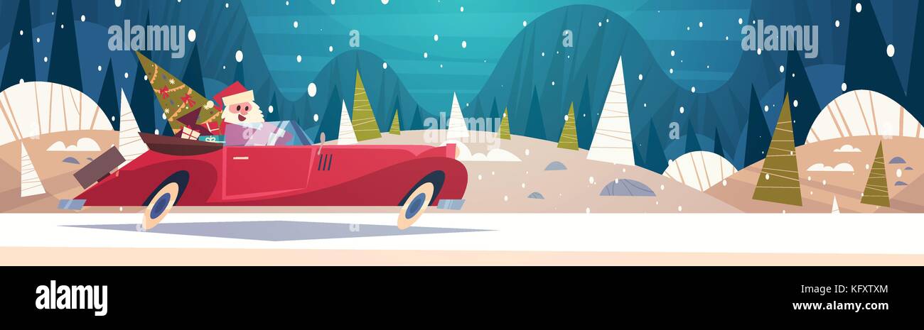 Santa fahren retro Auto mit grünen Bäumen und präsentiert im Winter Wald Frohe Weihnachten und guten Rutsch ins neue Jahr poster Hintergrund Stock Vektor