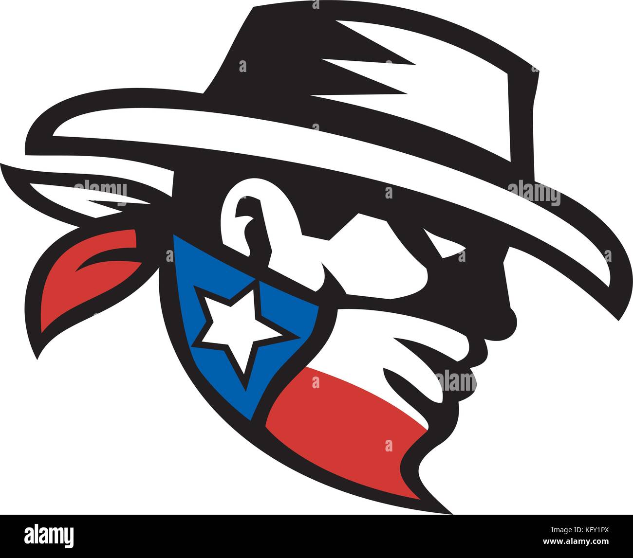 Retro Style Abbildung: Ein maskierter bandit Texas cowboy Kopf trägt ein Bandana Maske mit Texas Lone Star State Flag auf Hintergrund isolieren. Stock Vektor