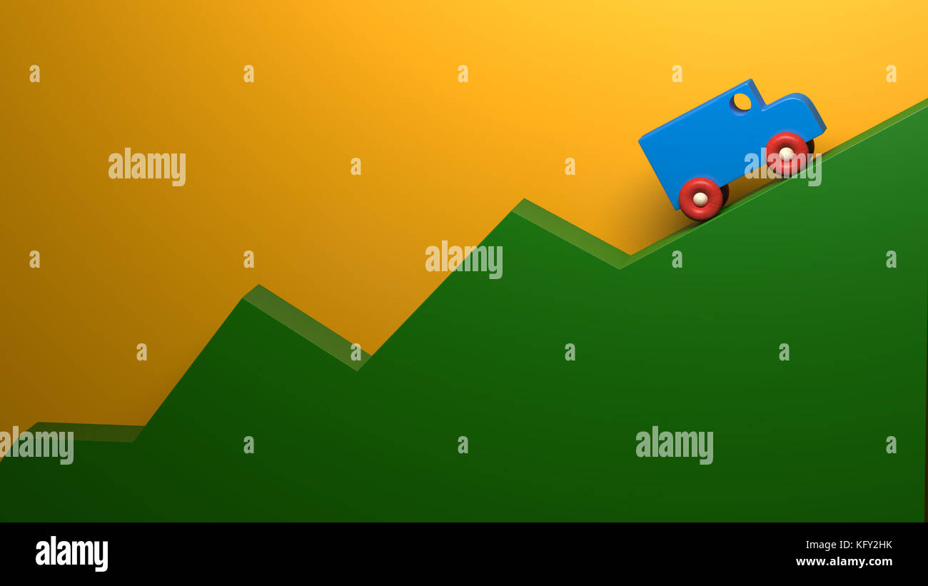 Ein Spielzeugwagen, der einen grünen Hügel hinaufklettert. Vertriebskonzept. 3D-Abbildung. Stockfoto