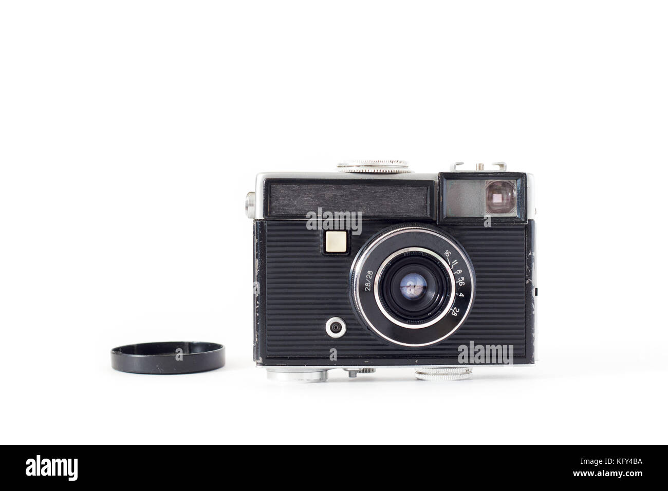 Alte Kamera auf weißem Hintergrund. Flach, Ansicht von oben Stockfoto