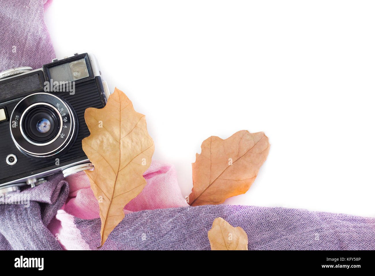 Herbst Komposition. retro Kamera, Herbst auf einem weißen Hintergrund verlässt. Nostalgie für Herbst. Der Blick von oben. Stockfoto
