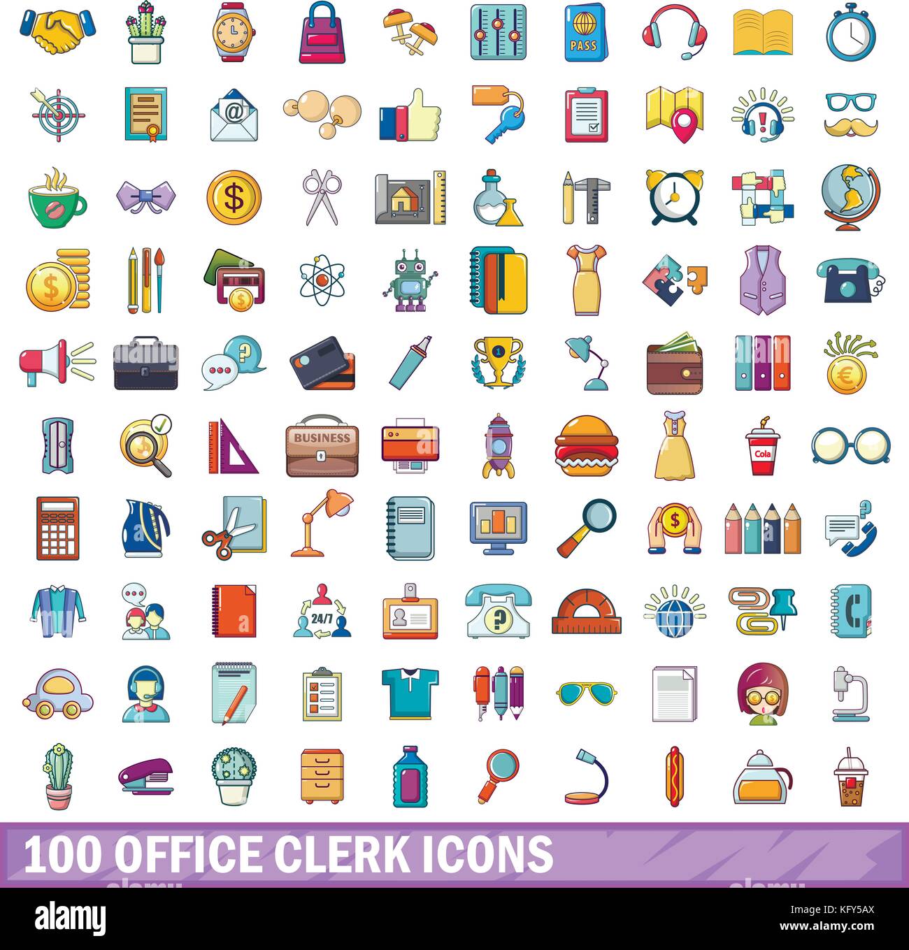 100 Bürokauffrau Symbole, Cartoon Stil Stock Vektor