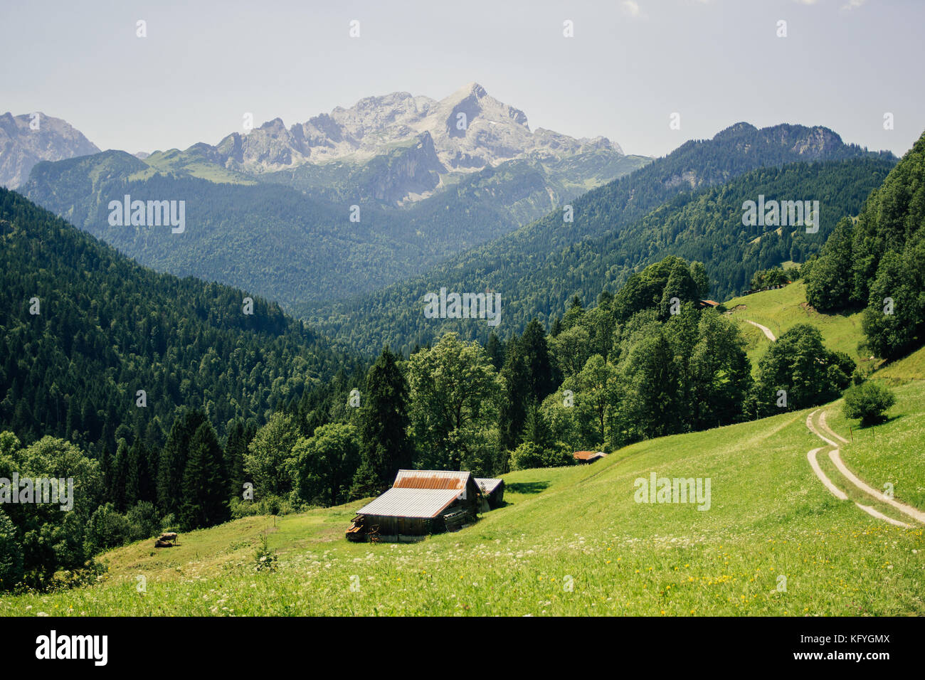 Landschaft in den deutschen Alpen mit Gras bewachsenen Wiese und Stall und das Zugspitzmassiv im Hintergrund Stockfoto