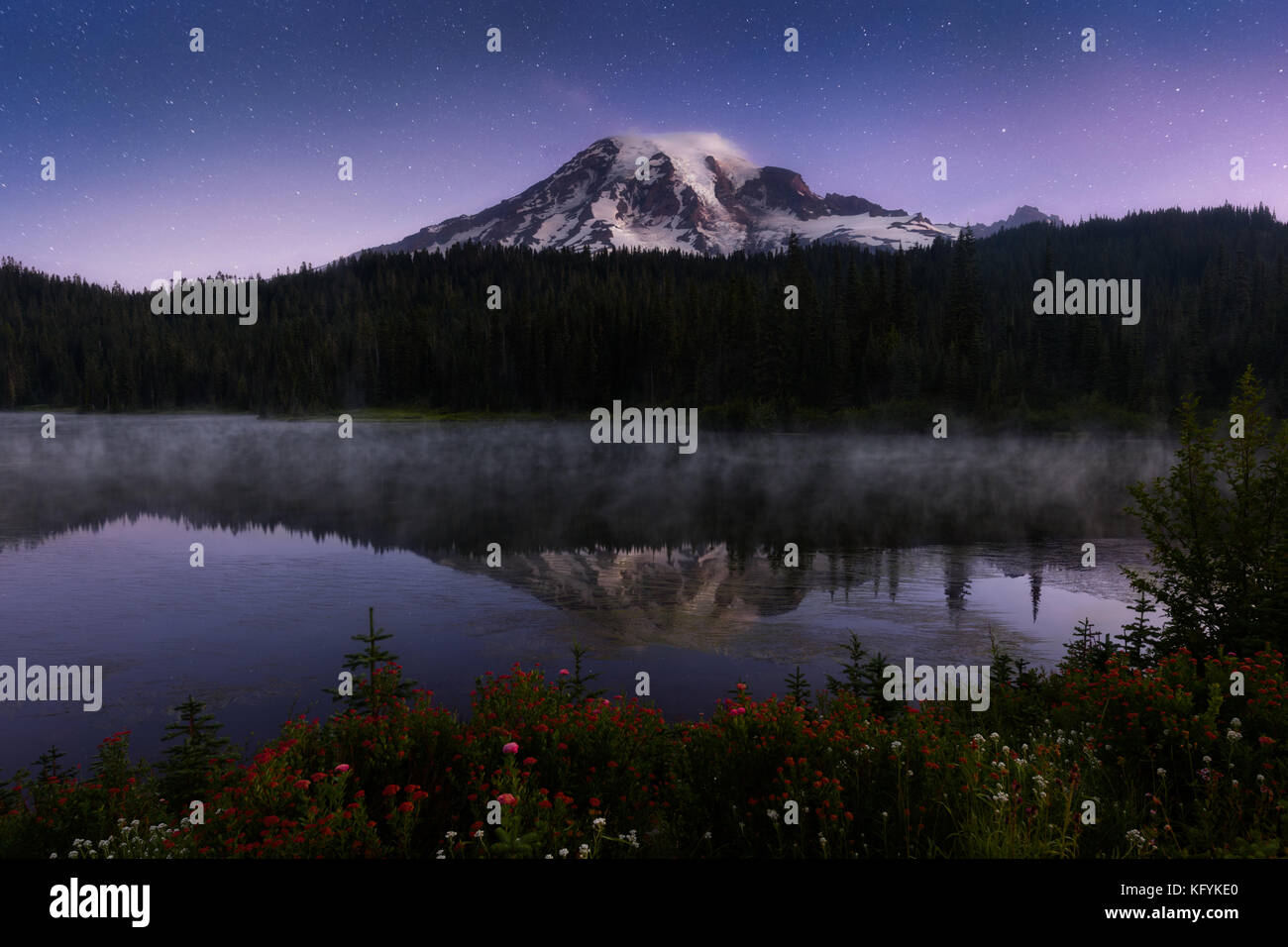 Wildblumen und sternspuren im Mount Rainier National Park, Washington. magenta Pinsel an der Reflexion See Stockfoto