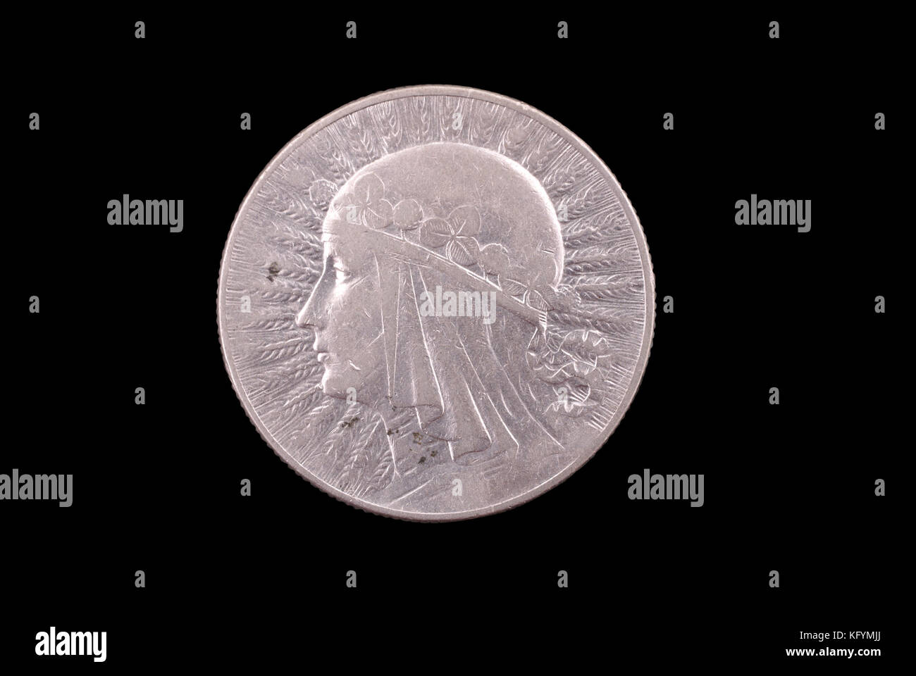 Polnische alte Silbermünze (Königin Yadviga, 5 Zloty, 1933). Vorderseite (von Münze). Stockfoto