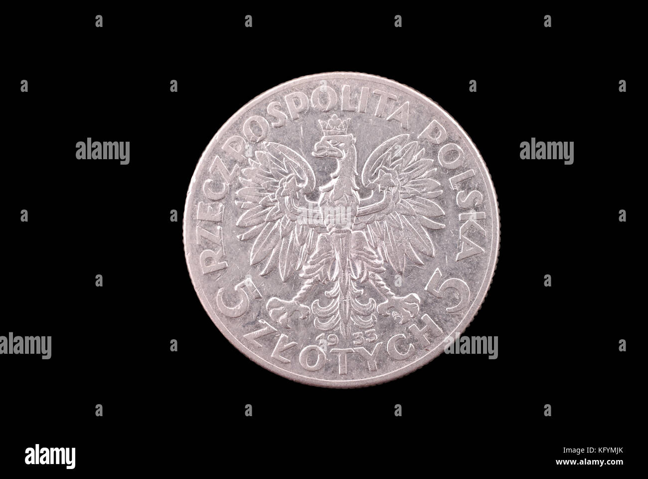 Polnische alte Silbermünze (Queen yadviga, 5 Zloty, 1933). in die Stellung REVERSE (Rückwärtsgang) (der Münze). Stockfoto