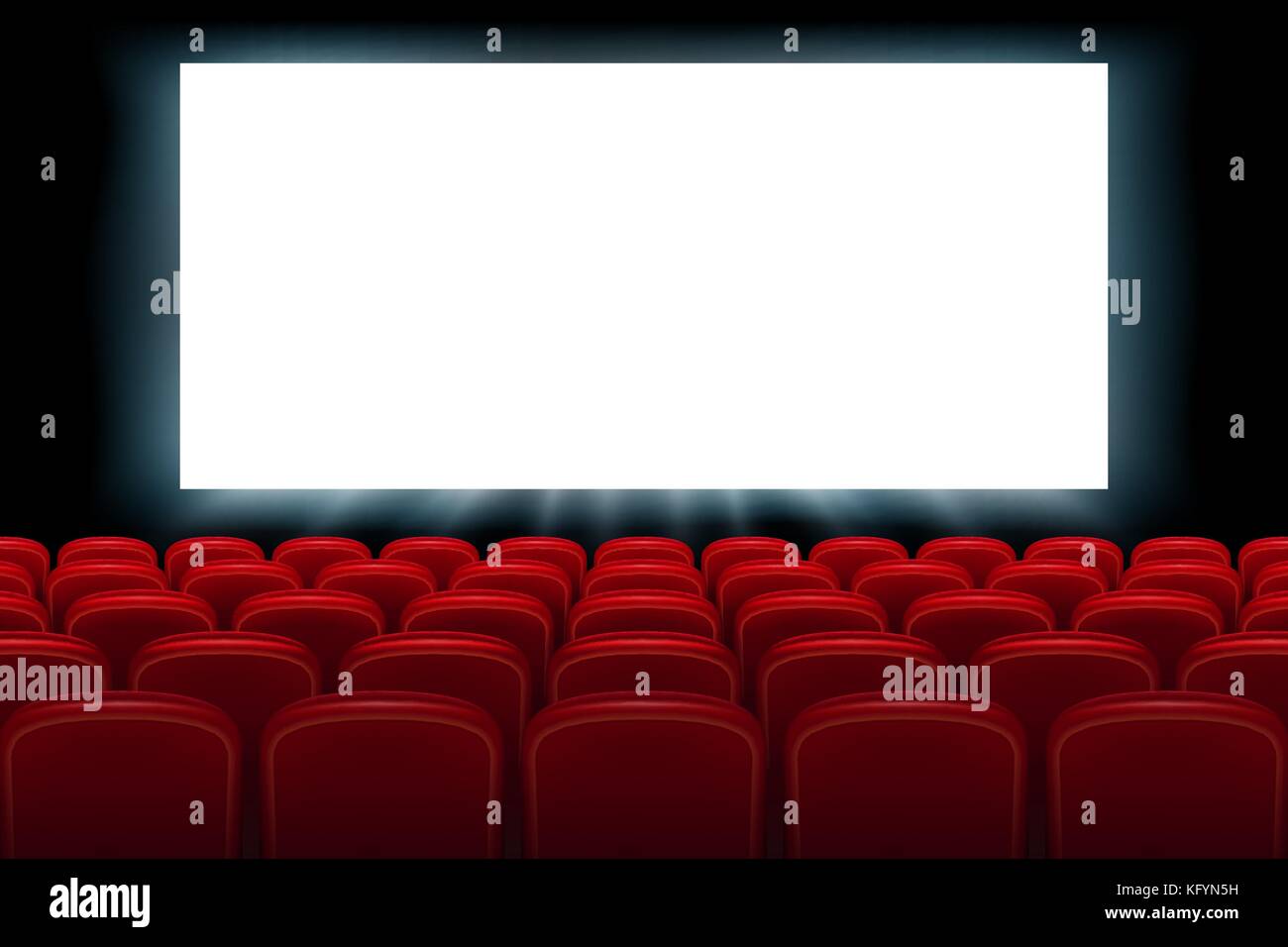 Realistische Kino Interieur mit roten Sitzen. Kino Film Premiere Plakatgestaltung mit leeren weißen Bildschirm. Vector Illustration. Stock Vektor