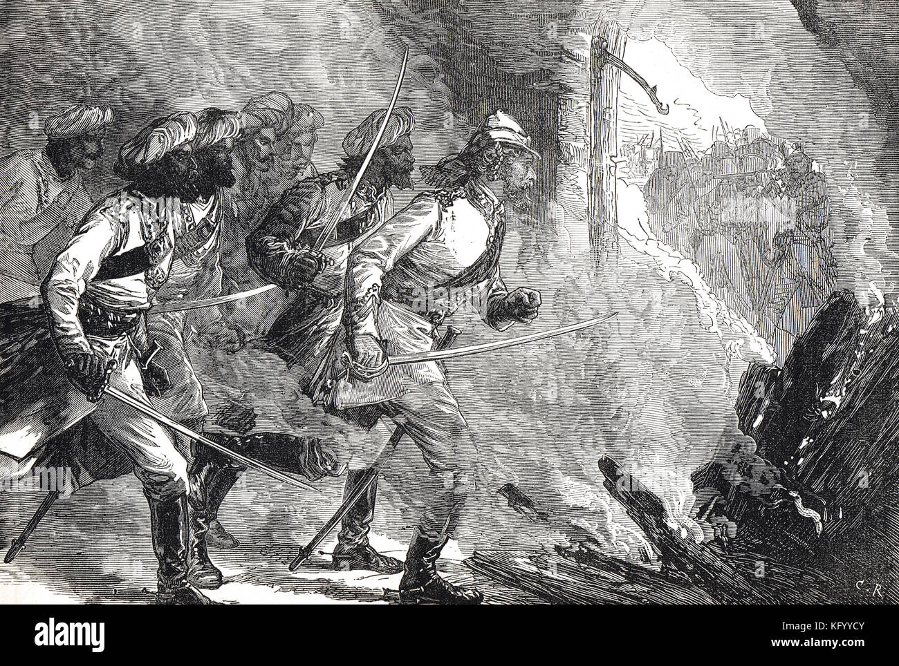 Lieutenant William Alexander Kerrs Angriff auf eine Meuterfestung in Kolapore, Indien, am 10. Juli 1857 Stockfoto