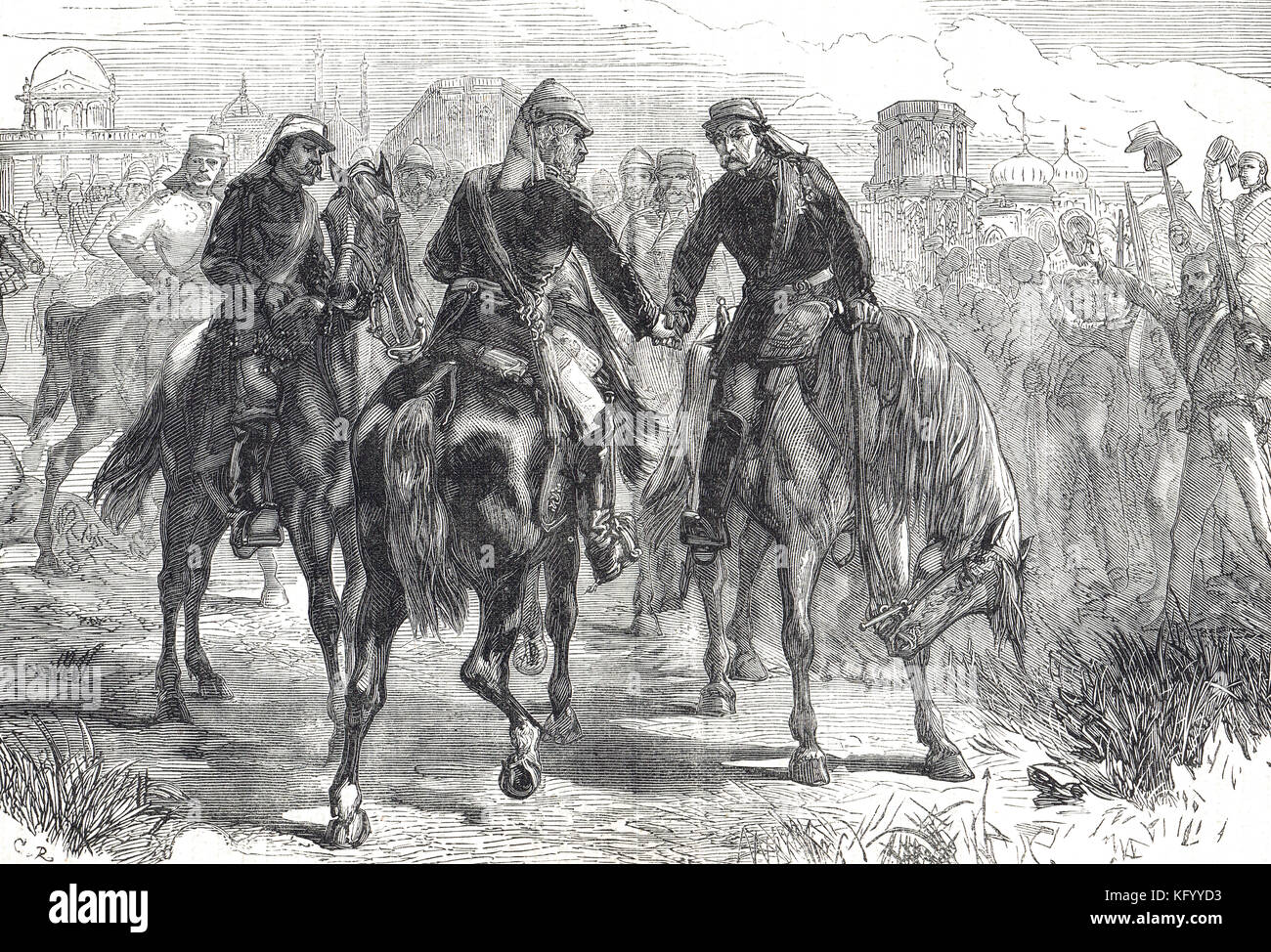 Tagung der Generäle, Sir Henry Havelock, Sir James Outram, Sir Colin Campbell, erste Linderung von Lucknow, indischen Aufstand von 1857 Stockfoto
