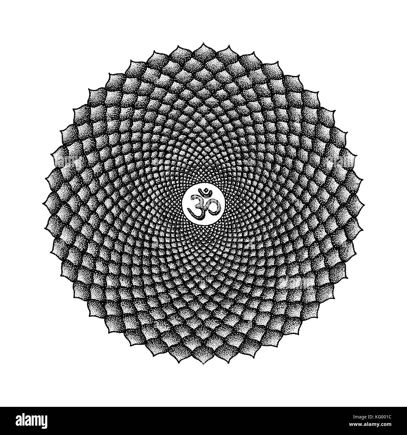 Vektor 7 primäre Krone Sahasrara Chakra sanskrit Saatgut Mantra Om Hinduismus Silbe tausend Lotusblüten. dot Arbeiten tattoo Hand gezeichnet Schwarz mono Stock Vektor
