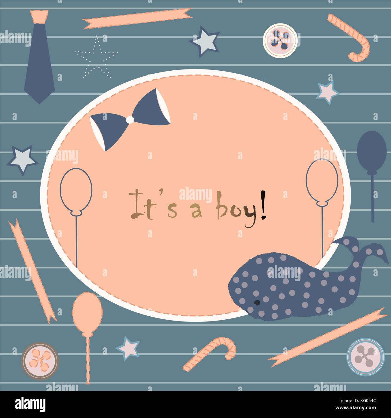 Baby Geburt Ansage. babyduscheeinladung Karte. cute Wal kündigt die Ankunft des Jungen. card Design auf Teal Hintergrund mit Bändern, Riegel, b Stock Vektor