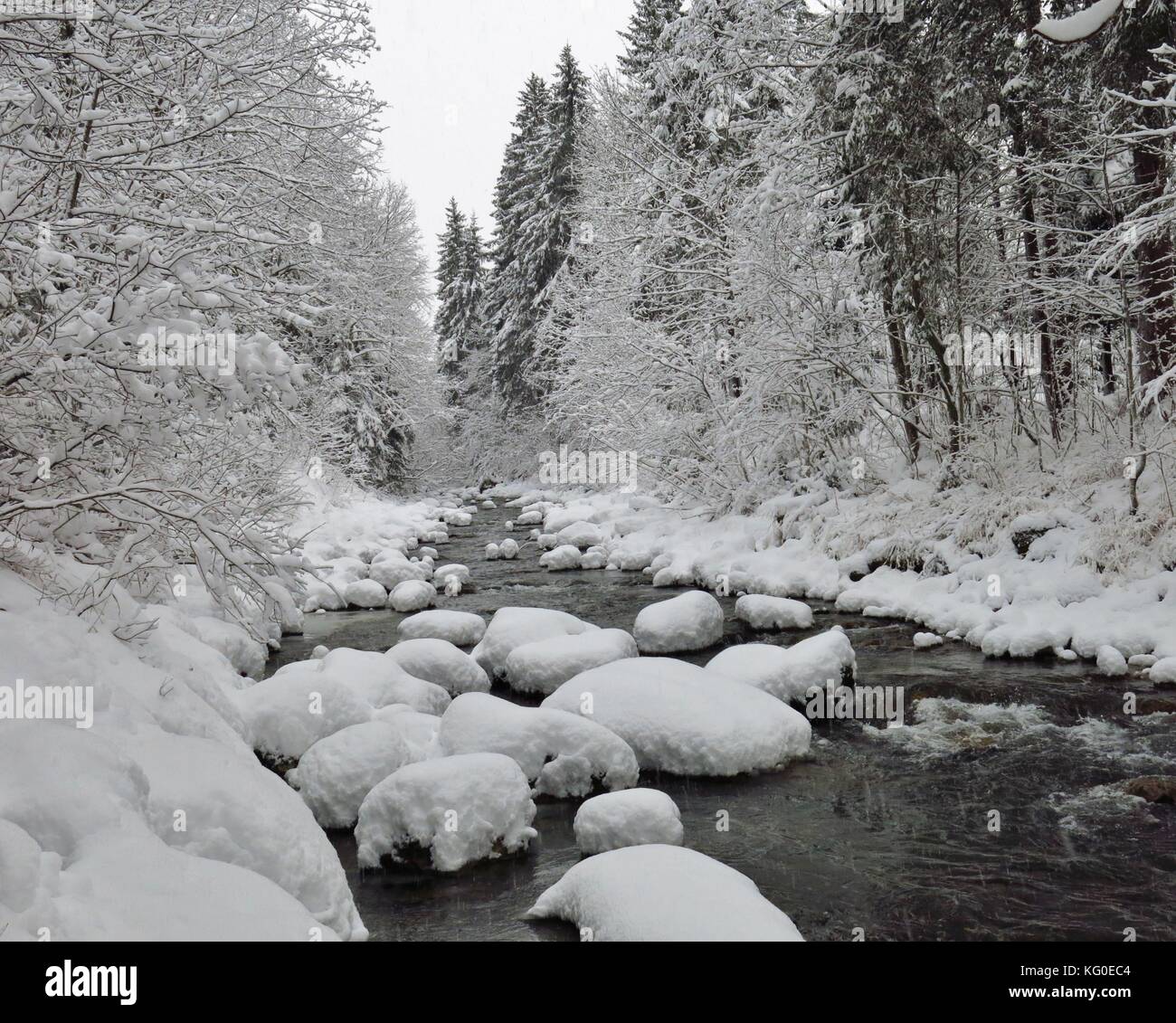 Winter Szene in der Nähe von Gstaad. Fluss saane. Stockfoto