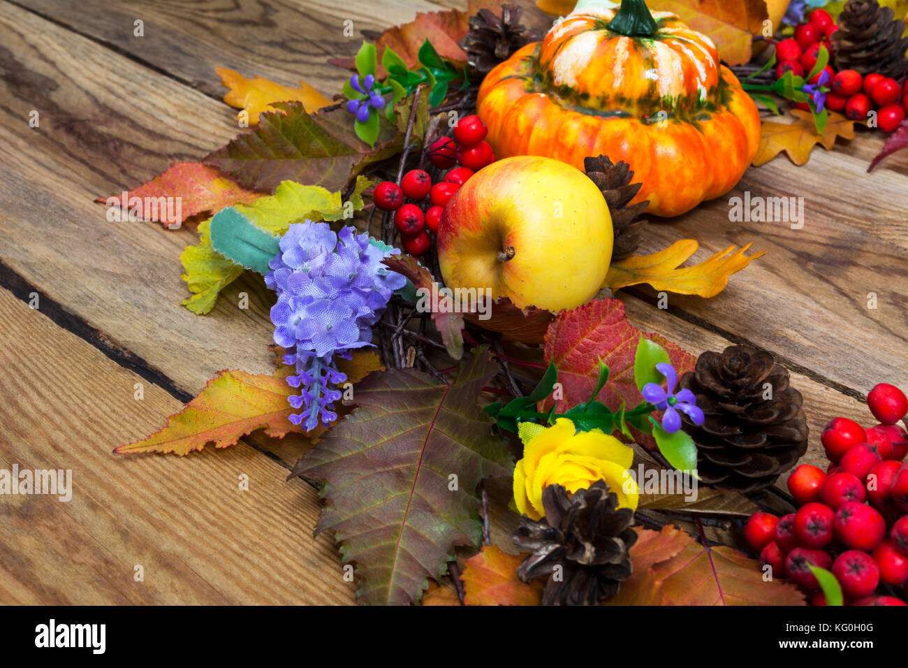 Thanksgiving Tür Kranz mit bunten Blättern, Kürbis, Äpfel, Kegel, lila Blumen und gelbe Rosen, in der Nähe Stockfoto