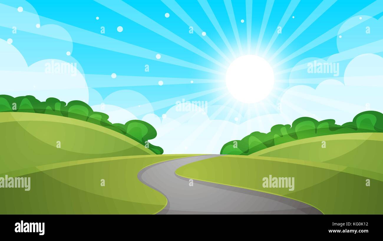 Zaun, cartoon Landschaft. Sun, Straße, Wolke, Himmel Abbildung. v Stock Vektor